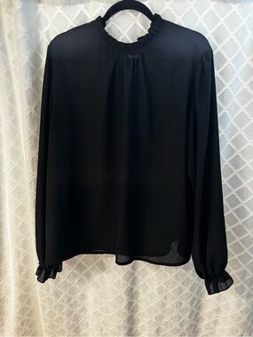 Black Ruffled Neck Long-Sleeve Blouse